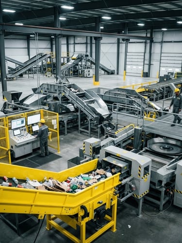 Wide-angle environmental shot of an advanced optical sorting floor with high-contrast safety yellow machinery, cool crisp warehouse lighting, desaturated metallic tones, 35mm lens