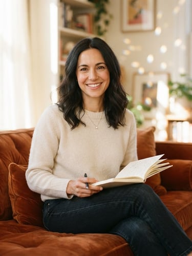 Warm editorial portrait of a dark-haired woman in her early 40s, Daisy Diamond, sitting on a plush velvet couch in a bright, sunlit room, holding an open journal. She is smiling genuinely, with subtle diamond-prism light reflections in the background. She is wearing casual, elegant attire.