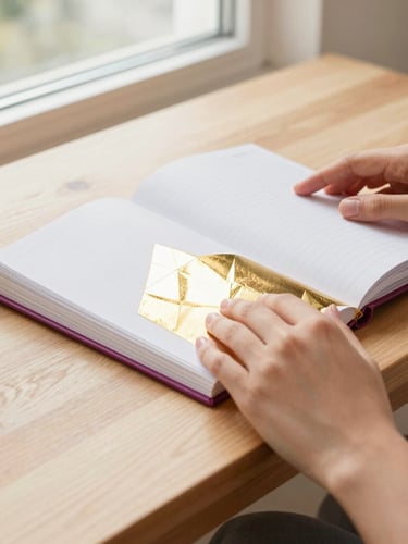 Close-up of Daisy Diamond's hands holding a beautiful gold-accented journal on a light wooden coffee table, with a diamond-shaped light reflection falling across the page. Bright, warm natural light.