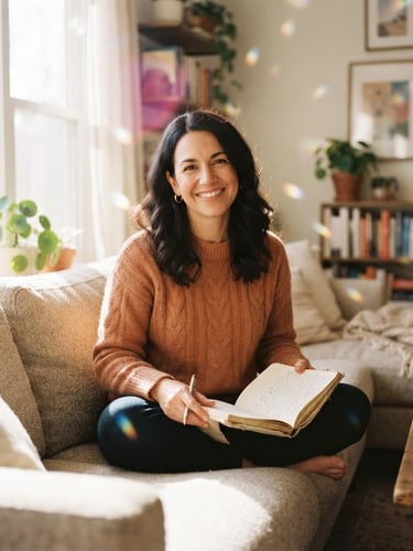 A casual, dark-haired woman in her early 40s sitting comfortably on a plush couch holding a journal, bright natural window light, soft magenta and gold tones, diamond-prism light reflections, 35mm lens.