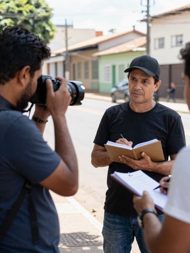 A local Brazilian journalist with a camera and notebook interviewing a person on a sunny street in Campo Grande, natural daylight, candid photojournalism