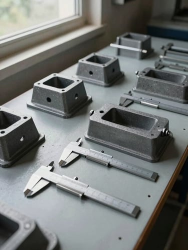Wide environmental shot of an inspection bench with dimensional gauges and vernier calipers laid out beside finished grey iron castings, natural daylight from a side window, no people, flat-lay perspective from slightly above