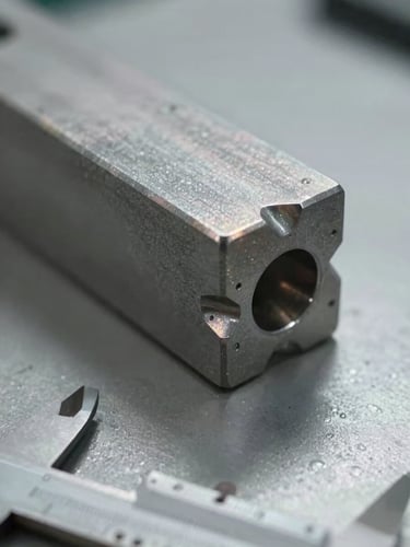 Extreme close-up of a freshly cast metal component on a flat inspection surface, natural factory light raking across the surface finish revealing precise dimensional edges, casting still showing slight heat coloration, a caliper partially visible at the lower frame edge, tight documentary framing with no stylization