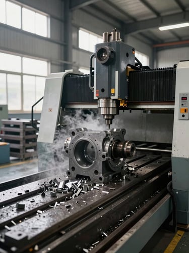 Wide environmental shot of a CNC machining centre at work on a grey iron casting, coolant mist visible, chips on the bed, organized workshop floor with casting racks in the background, natural daylight from high factory windows on the left side