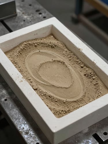 Close-up overhead framing of a sand casting pattern tool resting on a workbench, industrial diffuse light from above, casting surface texture visible, no hands