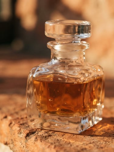 Macro shot of a heavy glass perfume bottle catching warm golden-hour light, rich terracotta background, shallow depth of field