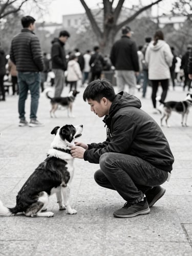 A handler and their dog practicing a 'sit-stay' in a busy park, with people and other dogs in the background, natural overcast daylight, high-contrast desaturated tones with blue accents, sharp focus, 35mm lens