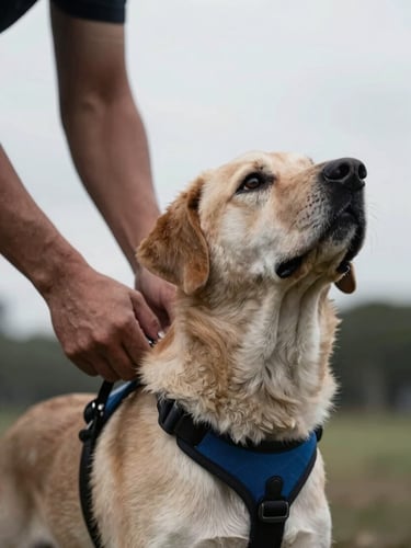 Close-up of a handler's hands adjusting a service dog's harness, dog looking up attentively, natural overcast daylight, high contrast, desaturated tones with blue accents, sharp focus, 35mm lens.