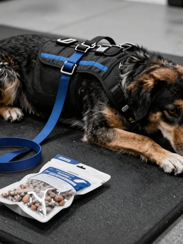 Close-up of a service dog's training vest, leash, and a bag of treats, laid out on a dark training mat under natural overcast daylight, high-contrast desaturated tones with blue accents, sharp focus, 35mm lens
