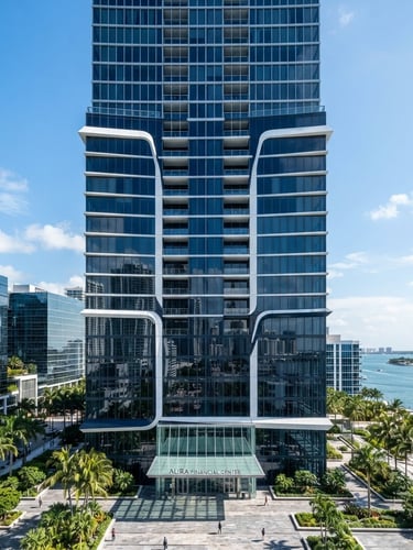 Crisp architectural photography of a modern high-rise glass office building in Florida, bright natural daylight, sharp focus, 35mm