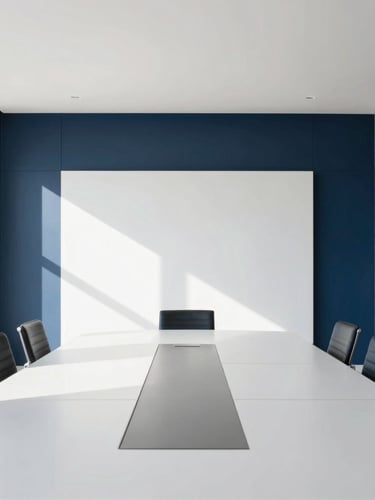 High-key portrait-oriented photograph of a modern, sunlit meeting room in Orlando, clean lines, minimalist concrete and navy accents, bright natural daylight.