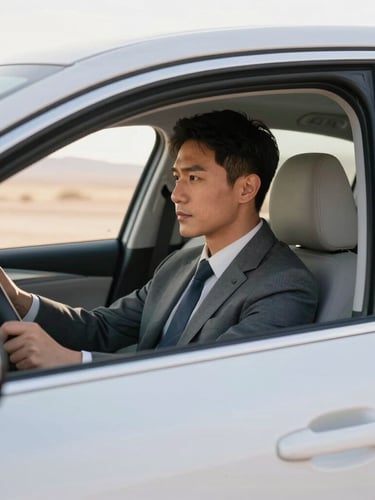 Medium shot of a clean, modern sedan interior, a business professional working comfortably in the back seat, bright daylight through the window, sharp focus, 35mm.