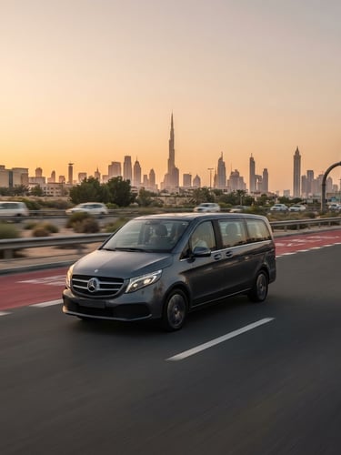 Modern, clean multi-passenger sedan driving on the E11 highway at golden hour, Dubai skyline visible in the distance, sharp focus. Professional automotive photography, bright desert daylight, warm golden hour tones.