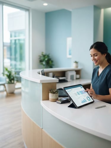 Wide shot of a modern, clean clinical front desk with a digital tablet displaying data, bright natural daylight, cool blue tones, professional editorial style, 50mm lens, shallow depth of field.
