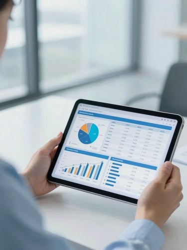 Healthcare executive reviewing financial data on a tablet in a modern, clean office, cool-toned daylight, professional editorial style, shallow depth of field, focused on the data, off-center