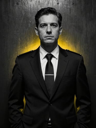A low-key, high-contrast black-and-white portrait of a discrete operator in a dark tailored suit, sharp yellow backlighting outlining the silhouette against a dark brushed metal wall.