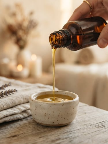 Close-up of golden massage oil being poured slowly into a small ceramic vessel, warm diffused golden-hour light, shallow depth of field, minimalist luxury spa setting.