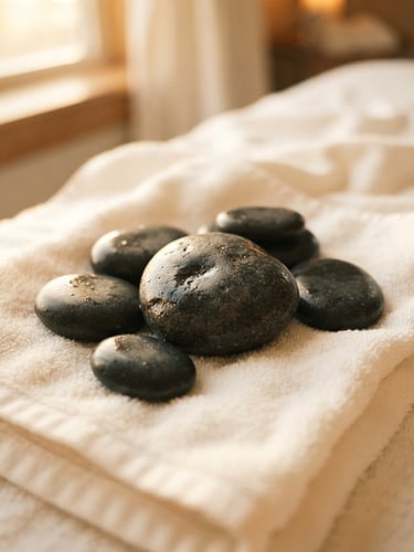 Close-up of smooth, warm massage stones resting on folded pristine white towels, soft golden-hour light, muted cream tones