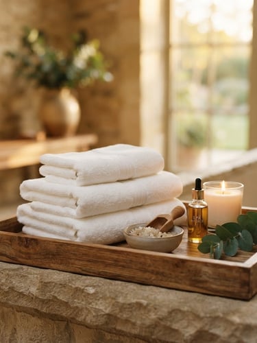 Warm editorial photography of a luxury spa setup, folded pristine white towels on a wooden tray, soft golden-hour light, shallow depth of field, 35mm