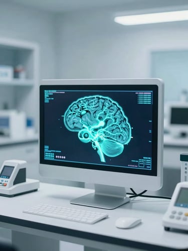 Modern neuro-diagnostic digital interface showing a clean 3D brain scan with glowing cyan neural pathways, clinical laboratory environment, shallow depth of field, 35mm
