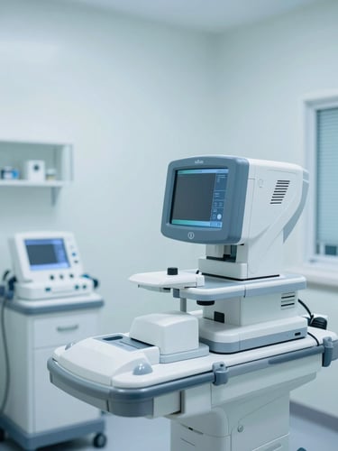 Modern neuro-diagnostic equipment in a bright, clean clinical room, soft blue ambient light, high-tech medical environment, 35mm
