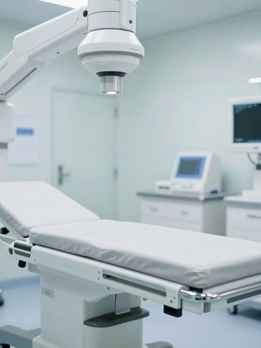 modern clinical photography, bright cool daylight with subtle cyan undertones, clean high-tech medical environment, shallow depth of field, 35mm