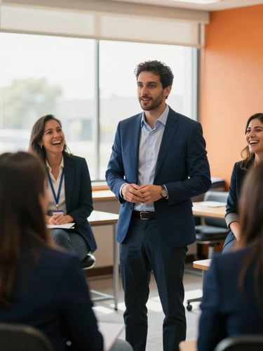 A dynamic corporate workshop in progress in Mexico, a facilitator guiding active participants who are laughing and collaborating, warm natural window light, professional setting