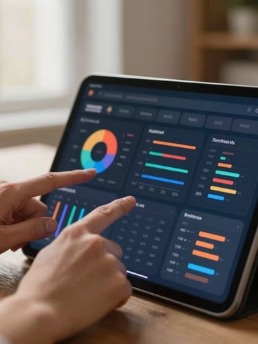 Close-up of a modern tablet displaying an AI performance dashboard with charts, warm indoor lighting, hands pointing at metrics