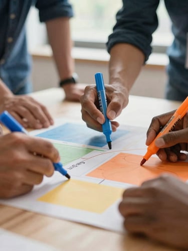 Close-up of diverse professional hands collaborating over a colorful workshop board, warm lighting, electric blue and orange markers, shallow depth of field, 35mm lens
