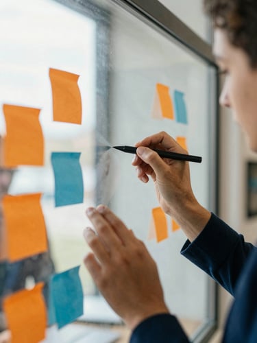 Warm corporate workshop, active collaboration, close-up of hands writing on a glass board with orange and blue sticky notes, natural window light, shallow depth of field
