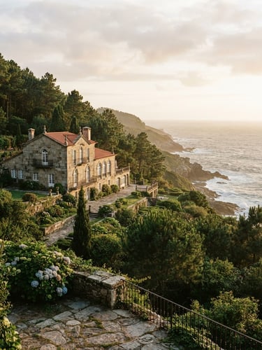 Wide environmental shot of a historic Galician stone villa overlooking the Atlantic ocean, soft golden hour coastal light, deep green pine trees in the background, elegant architectural details, warm editorial photography, 35mm.