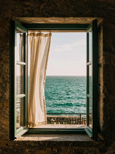 An open window of a traditional Galician stone villa, looking out onto the deep green Atlantic ocean, soft golden hour light, linen curtains blowing gently, 35mm