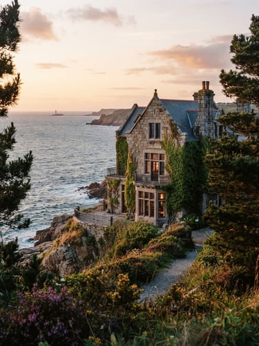 Vertical portrait of a historic granite stone villa overlooking the Atlantic ocean, soft golden hour coastal glow, deep green pine trees framing the side, warm editorial photography, 35mm