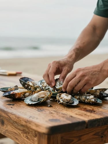 Vertical portrait of hands preparing fresh local seafood on a rustic wooden table, soft Atlantic overcast daylight, shallow depth of field, warm heritage-driven editorial photography