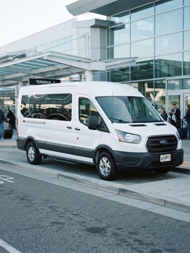 A clean modern shuttle van parked at a terminal curb in bright morning daylight, crisp commercial photography, cool tones