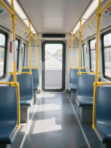 Interior of a modern transit shuttle showing spacious seating and clean surfaces, soft daylight, sharp focus