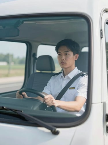 A professional driver in a clean uniform sitting behind the wheel of a modern transit vehicle, morning light, 35mm lens