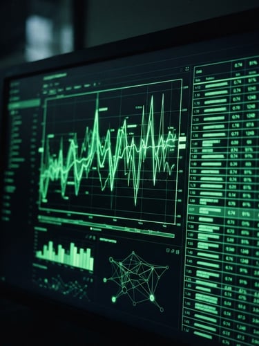 Macro close-up of a high-contrast analytical dashboard on a dark monitor, glowing neon green line charts and data tables, moody low-key ambient light, 35mm photography