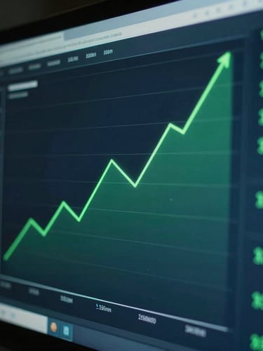 Close-up of a digital ad manager screen showing rising green trendlines and conversion metrics, cool blue screen reflections, moody low-key lighting, 35mm