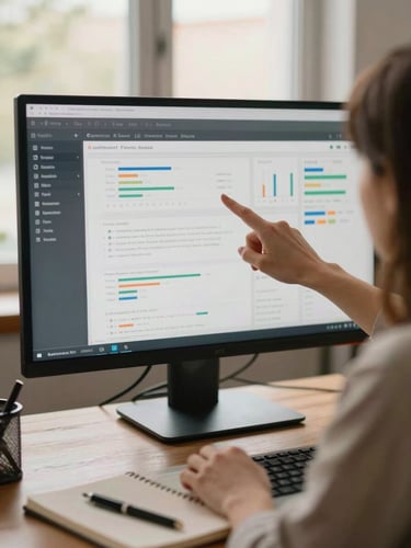 Close environmental shot of a woman's hands pointing at an analytics dashboard on a large monitor, warm natural light from a nearby window, desk surface with notebook and pen visible, documentary framing