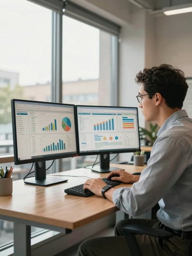 Wide environmental shot, consultant at a standing desk reviewing multiple analytics dashboards on two monitors, natural daylight from a large window to the left, warm office interior, charts and data visible on screens, calm and focused atmosphere