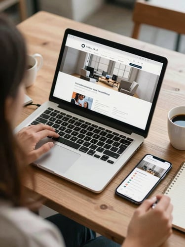 Overhead shot of a small business owner's desk, a laptop open showing a clean responsive website on screen, smartphone beside it showing the mobile version, warm natural daylight, coffee cup and notepad nearby, documentary framing, no people visible