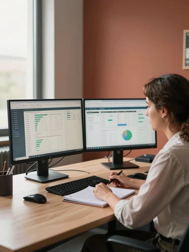 Wide environmental shot, consultant at a large desk with two monitors showing analytics dashboards, natural north-facing window light from the left, woman reviewing data and taking handwritten notes, warm office with terracotta-toned wall behind, calm and focused atmosphere, no direct eye contact with camera