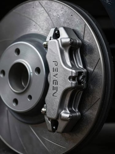 Sleek close-up of a pristine metallic Peugeot brake caliper, dramatic low-key studio lighting, brushed silver and deep charcoal tones, sharp macro details.