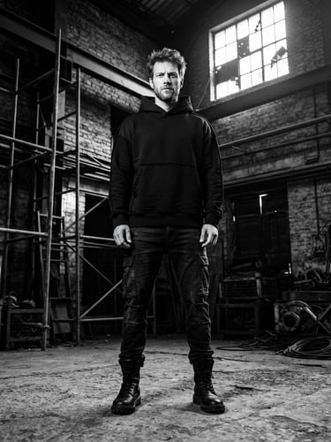 Low-angle high-contrast black and white editorial shot of a model wearing a structured heavyweight black hoodie in an industrial Mumbai warehouse, sharp shadows, 35mm film grain