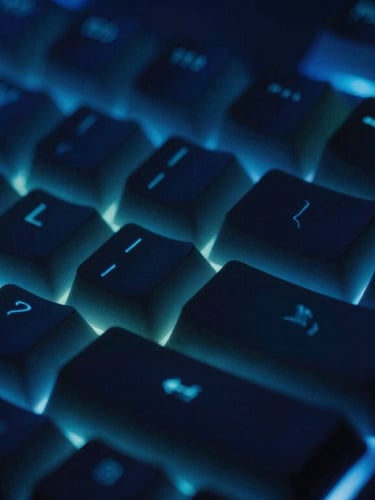 Macro close-up of a mechanical keyboard with cool blue ambient screen glow, deep shadows, shallow depth of field