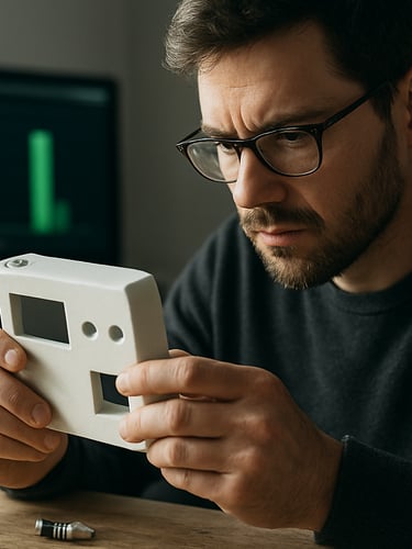 Crisp editorial close-up of a technical founder reviewing a physical prototype on a workbench under natural side-lighting, signal-green indicators on a screen in the background.