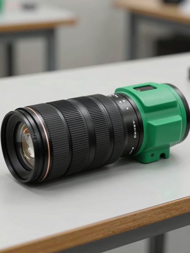 Crisp editorial photo of a physical prototype on a workshop table under neutral studio side-lighting, green accent details visible, sharp 35mm lens focus.