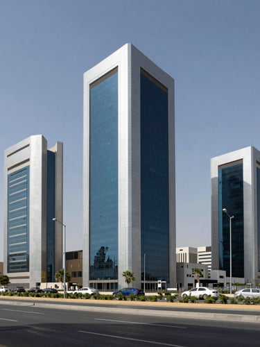 Wide architectural shot of King Fahd Road business hub in Riyadh, clean high-contrast daylight, deep navy and silver tones, sharp focus.