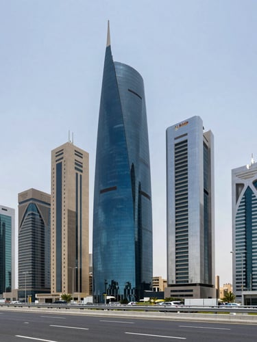 Wide architectural shot of the King Fahd Road financial district in Riyadh, clean high-contrast daylight with deep navy and silver tones.